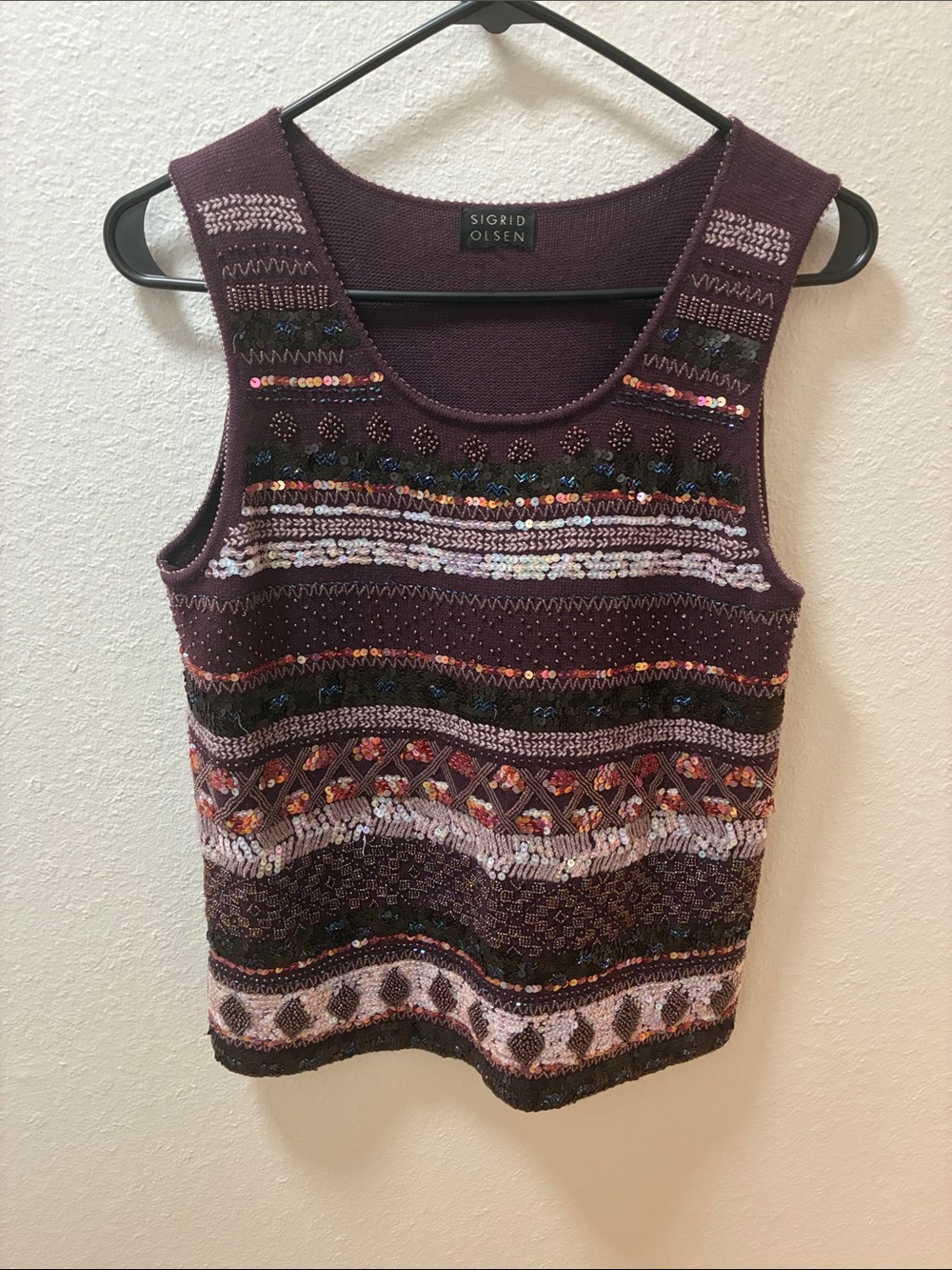 Sigrid Olsen Plum Embellished Knit Tank with Multicolor Accents